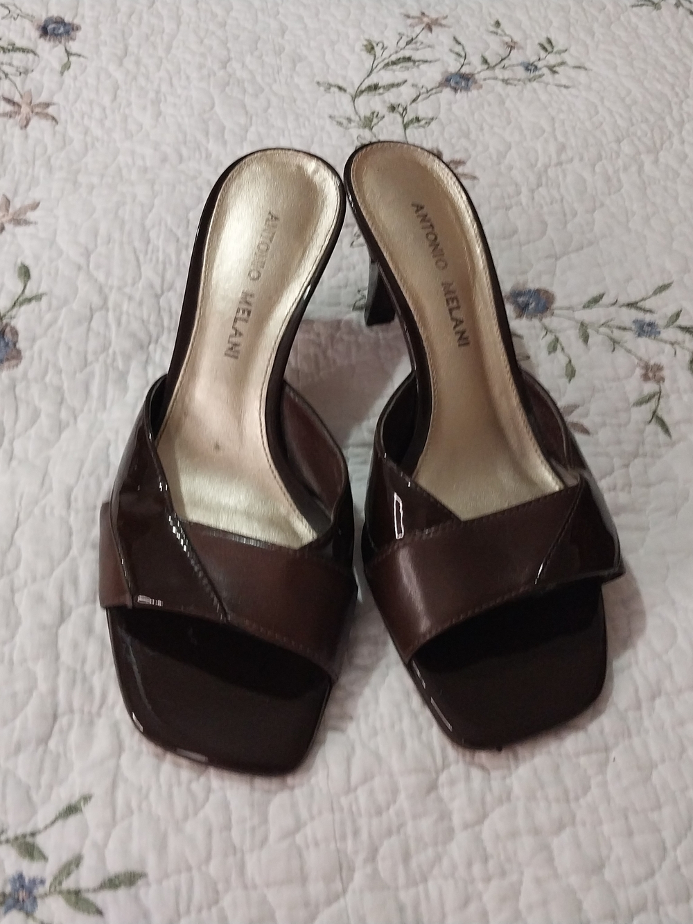 ANTONIO MELANI Dark Brown Patent Leather Open-Toe Mule Heels Size 8.5